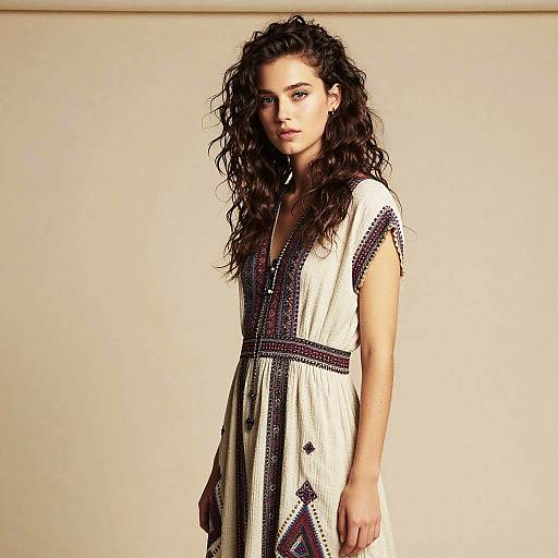Photograph of a young woman with wavy dark brown hair, wearing a white dress with black and purple geometric patterns, standing against a plain beige background