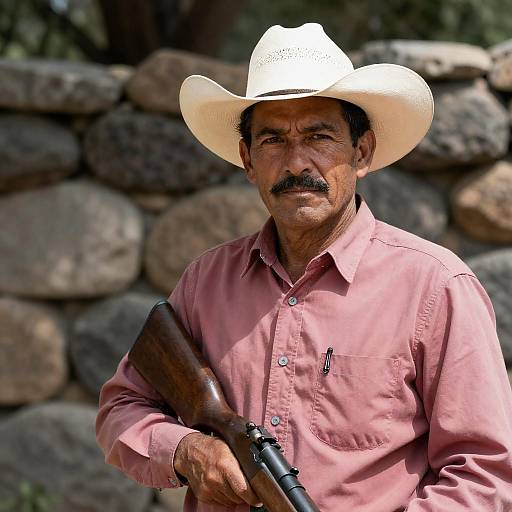 Middle-Aged Man with Rifle and Cowboy Hat
