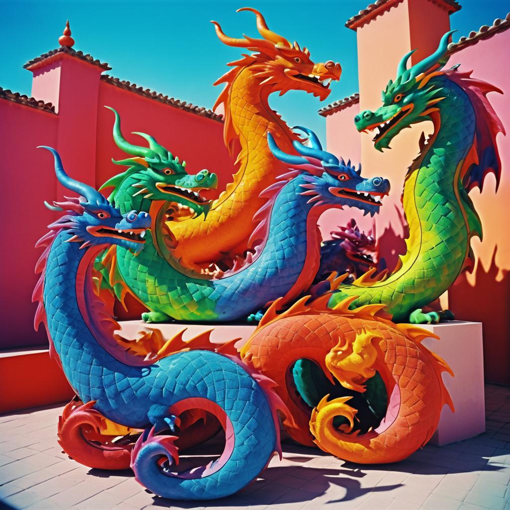 Vibrant Dragons in Retro Film Style