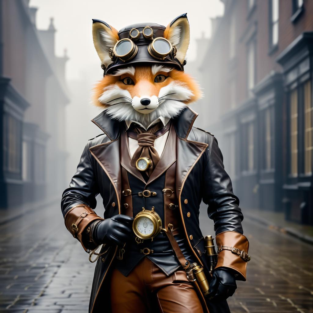 Steampunk Fox Explorer in Foggy Victorian Street