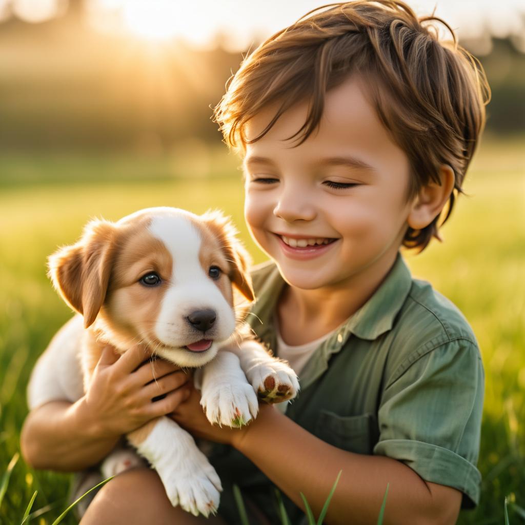 Joyful Boy and Puppy in Afternoon Light