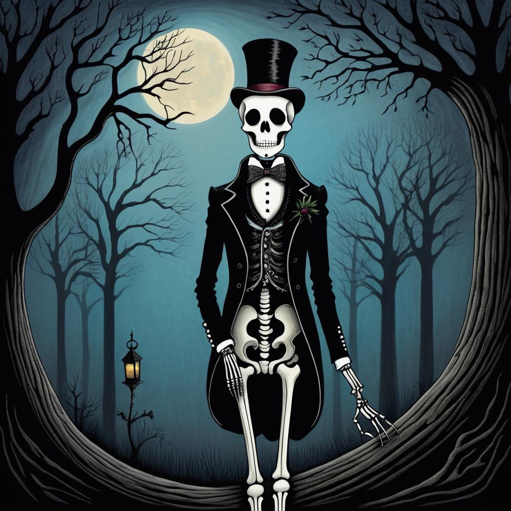 Whimsical Skeleton in Dark Carnival Scene