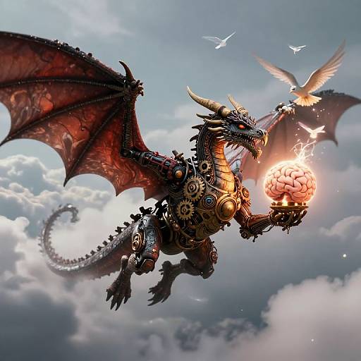 Digital art of a mechanical, red-winged dragon with gears and horns, holding a fiery orb, soaring through a cloudy sky, with white birds flying