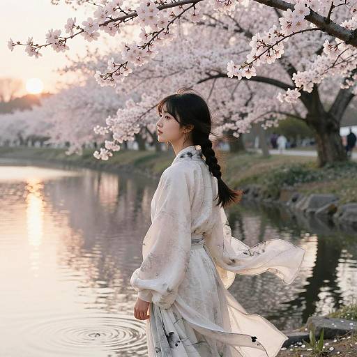Young Woman in Kimono by Cherry Blossoms at Sunrise