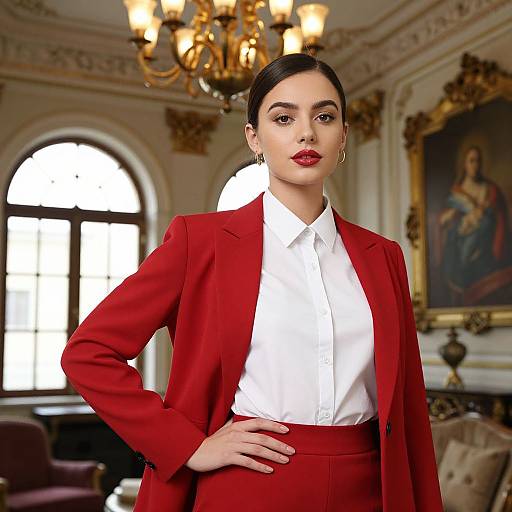 Photograph of a confident woman with dark hair in a sleek updo, wearing a red blazer and white shirt, standing in an ornate,