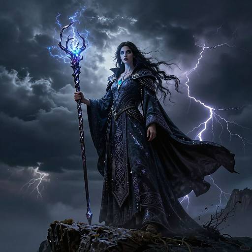 Dark fantasy illustration of a powerful sorceress with long black hair, holding a glowing blue staff, standing on a rocky cliff amidst a stormy sky