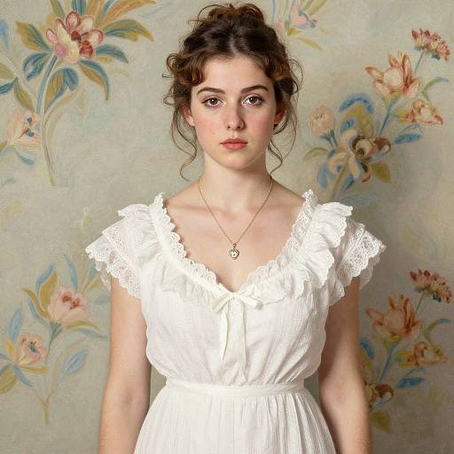 Photograph of a young woman with fair skin, dark curly hair in an updo, wearing a white lace dress, standing against a floral-patterned