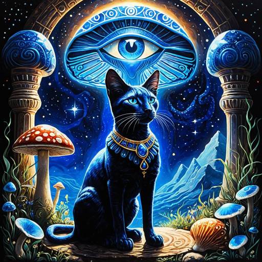 Mystical Bastet Cat with Eye of Horus and Enchanted Mushrooms