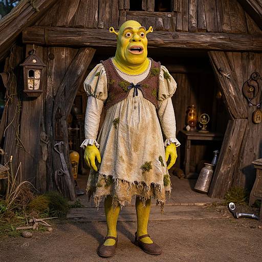 Photograph of a yellow, monster-like creature with elf ears, wearing a tattered white dress and brown vest, standing in front of a rustic wooden