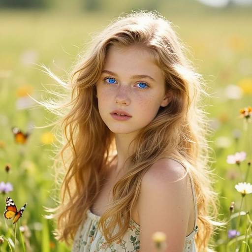 Photograph of a fair-skinned, blue-eyed young woman with long, wavy blonde hair, wearing a floral dress, standing in a sunlit
