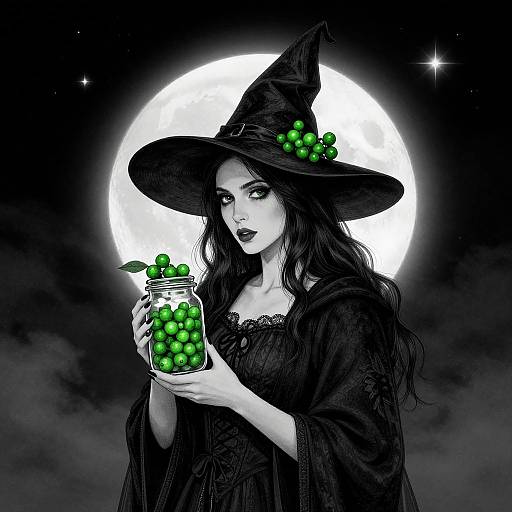 Digital illustration of a pale-skinned witch with long black hair, wearing a wide-brimmed hat adorned with green berries, holding a jar of glowing