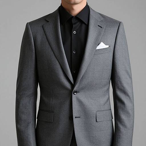 Photograph of a man from the neck down, wearing a dark gray, textured blazer over a black button-up shirt with a white pocket square.