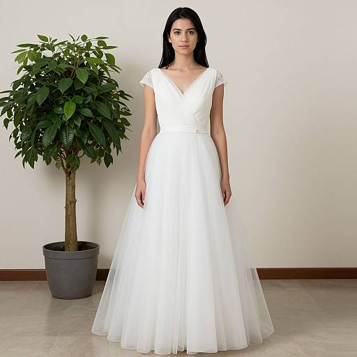 Photograph of a brunette woman in a white, lace-trimmed, V-neck wedding dress standing in front of a potted green plant against a