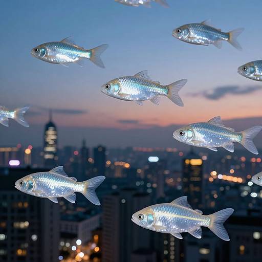 Crystalline Fish Flying Over Twilight City
