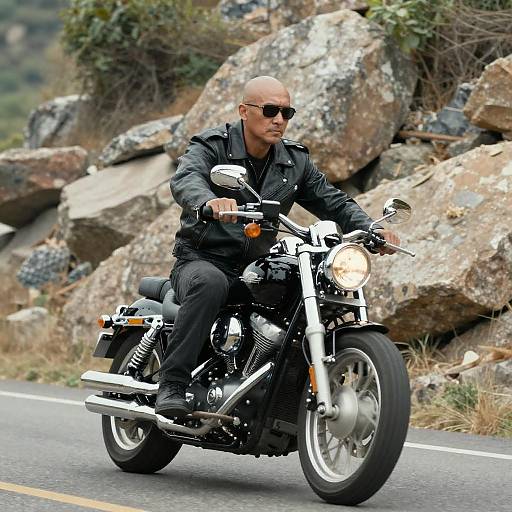 Bald Man on Black Motorcycle Outdoors