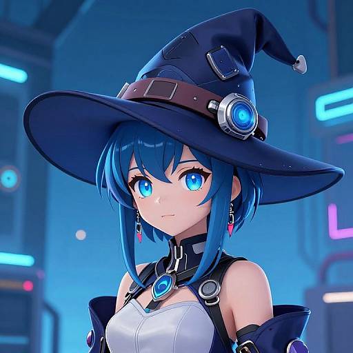 Digital anime-style illustration of a blue-eyed, blue-haired girl in a black witch hat with a glowing blue gem, wearing a white top and black accessories