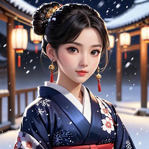 Snowy Night Kimono Beauty With Bun