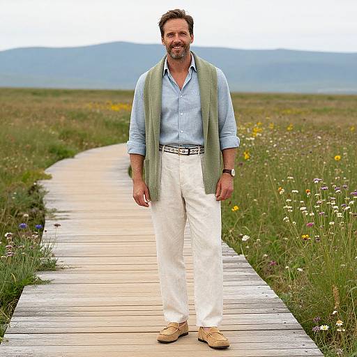 Man in Casual Summer Outfit on Wooden Boardwalk