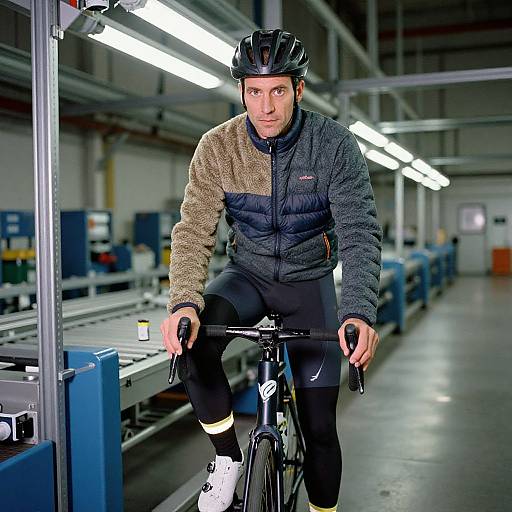 Photograph of a serious male cyclist in a gray and beige jacket, black pants, and helmet, riding a bike in a brightly lit industrial warehouse with