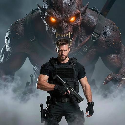 Warrior Confronts Menacing Monster in Mist