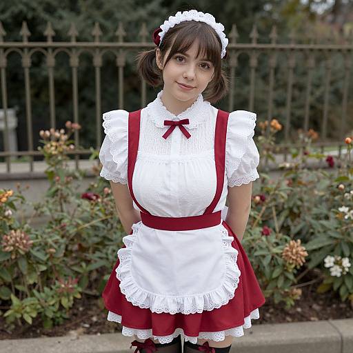 Photograph of a young Asian woman in a red and white French maid outfit, smiling, standing in a garden with flowers.