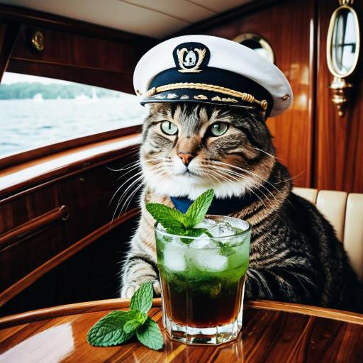 Cat in Captain's Hat on Yacht with Mint Julep