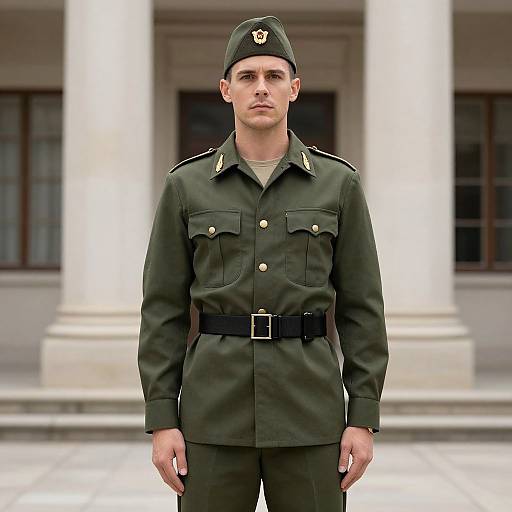 Man in Military Uniform Outside Building