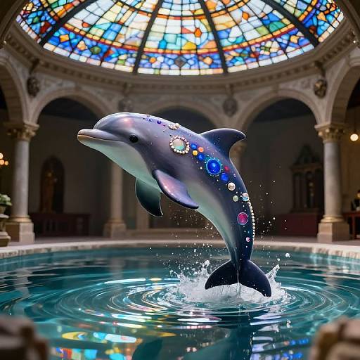 Digital artwork of a dolphin with colorful jewels on its body leaping out of a turquoise pool in an ornate, stained-glass domed hall.
