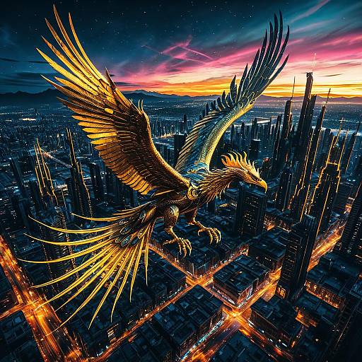 Gilded Mechanical Phoenix Over Neon Cityscape
