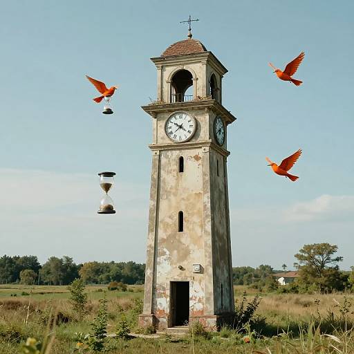Photograph of a weathered, white clock tower with three orange birds in flight, set in a grassy, rural landscape.