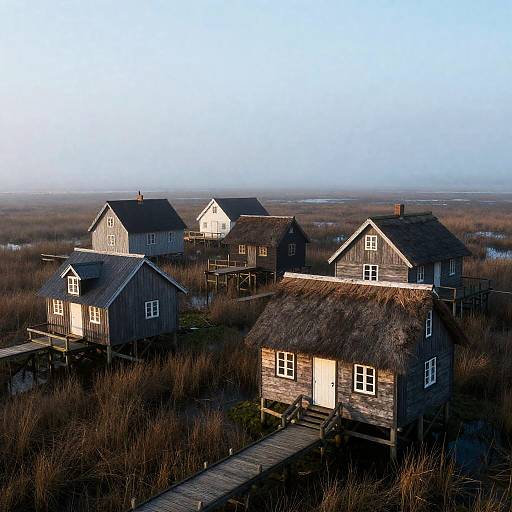 Foggy Marshland Fishing Hamlet at Dawn