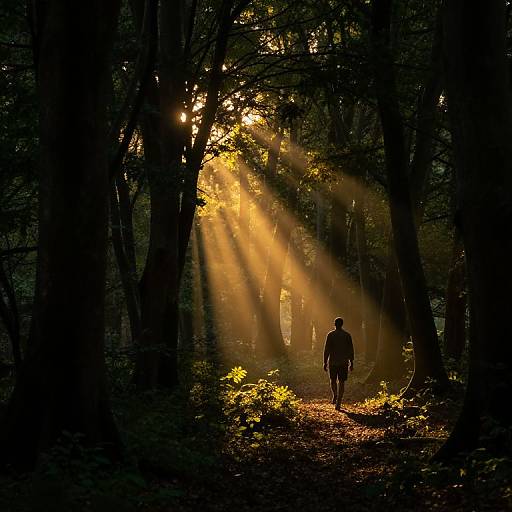 Silhouetted runner walks through sunlit forest, rays of light filtering through dense trees, casting golden beams on forest floor. Photographic image.