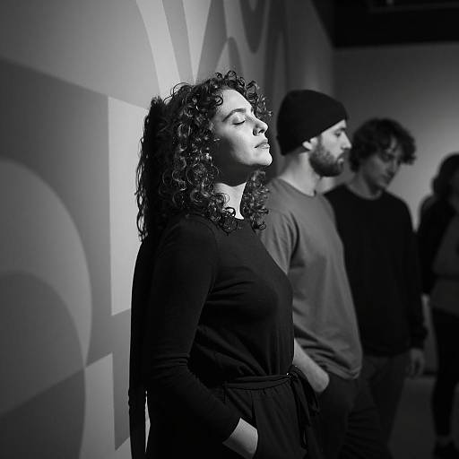 Black and White Photo of Woman Leaning Against Wall