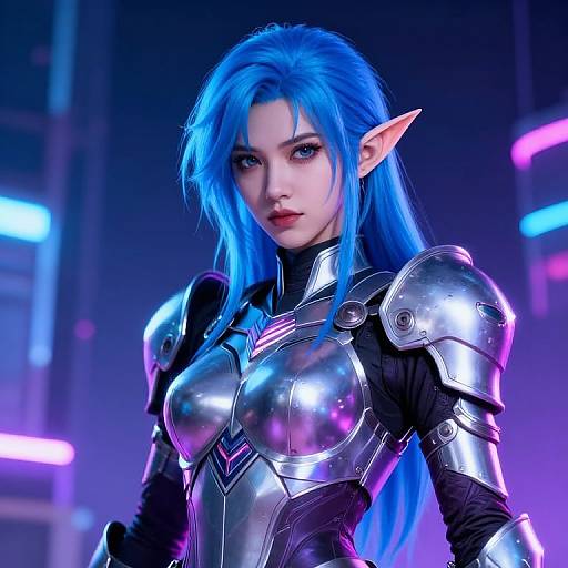 CGI image of a blue-haired elf woman with pointed ears, wearing shiny silver armor and black sleeves, illuminated by neon lights.
