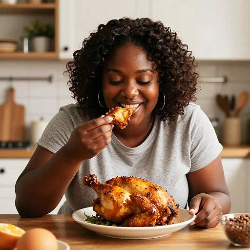 Happy Woman Enjoying Roasted Chicken