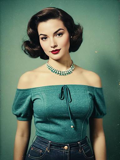 Retro Style Woman in Mauve Off-Shoulder Top