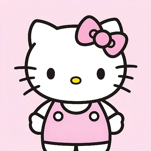 Digital drawing of Hello Kitty: white face with black lines, pink bow, yellow nose, black eyes, pink dress, and white limbs.