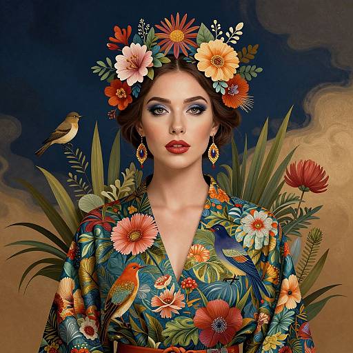 Digital artwork of a fair-skinned woman with red lips, wearing a floral headpiece and vibrant, bird-patterned kimono, surrounded by tropical flowers