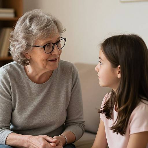 Photograph of an elderly woman with gray hair and glasses, wearing a gray sweater, smiling at a young girl with brown hair in a pink shirt,