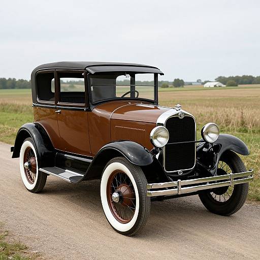 Photograph of a classic vintage brown and black car with white-walled tires, chrome accents, and a black roof on a rural road.