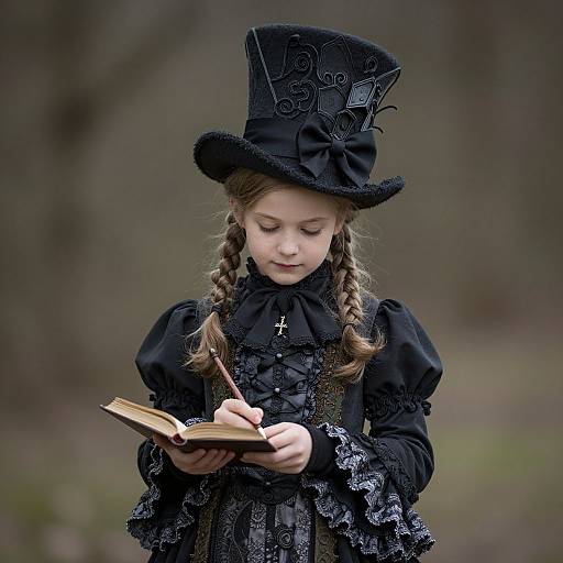 Photograph of a young girl with braided brown hair, wearing a black Victorian-style dress and top hat, reading a book outdoors.