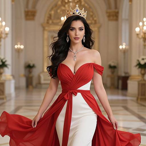 Photograph of a beautiful woman with long black hair, wearing a gold crown, off-shoulder red and white dress, and necklace, standing in