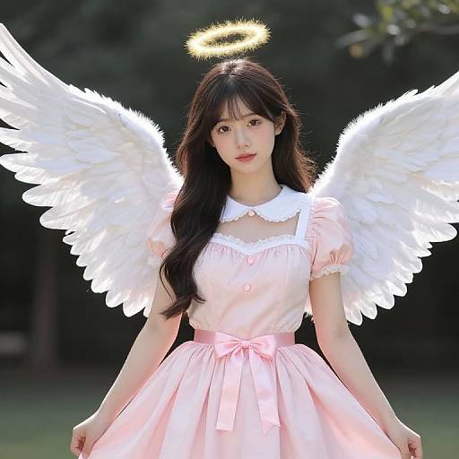 Photograph of an Asian woman with long black hair, glowing white angel wings, a pink dress, and a golden halo, standing outdoors.