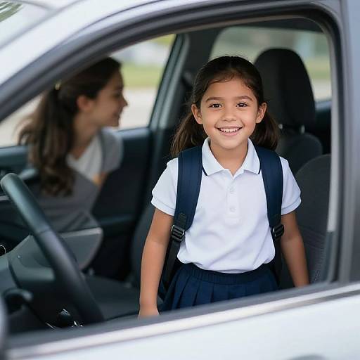 Smiling Girl Ready for School in Car