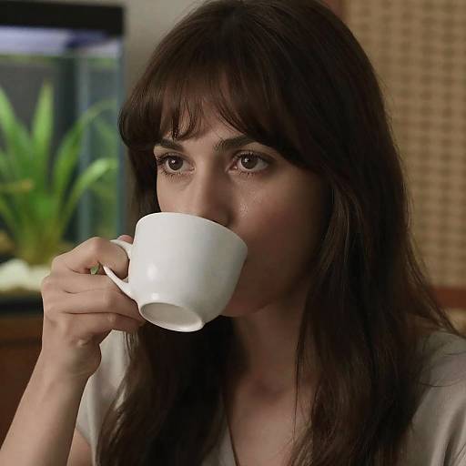 Serious Woman Sipping in Aquarium Setting