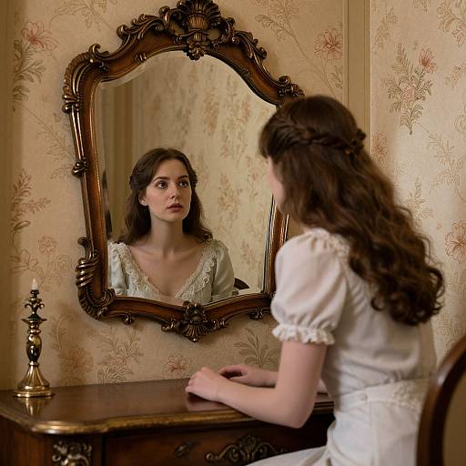 Photograph of a young woman with long brown hair, wearing a white dress, sitting at an ornate wooden vanity, gazing at herself in the
