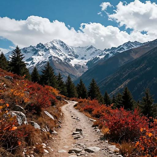 Photograph of a rocky mountain trail leading to snow-capped peaks under a bright blue sky with fluffy white clouds, flanked by red autumn foliage and