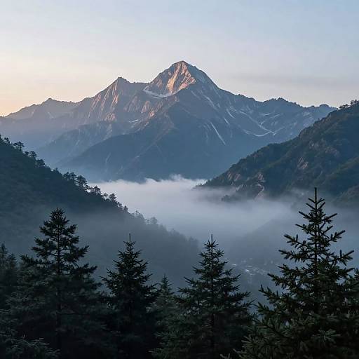 Photograph of a majestic, sunlit mountain peak with rugged textures, surrounded by dense, misty forest and evergreen trees in the foreground.