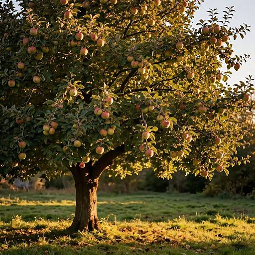 Photograph of a sunlit apple tree with ripe, orange apples on lush, green leaves, casting shadows on a grassy field.
