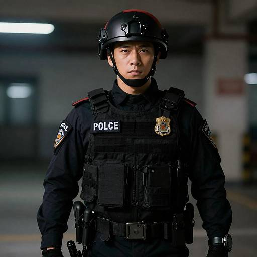 Intense Male Officer in Tactical Armor